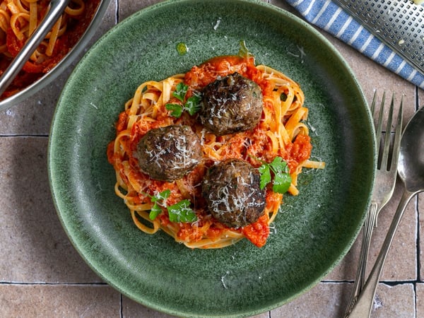 Pork meatballs, linguini, tomato & olive sugo, parmesan