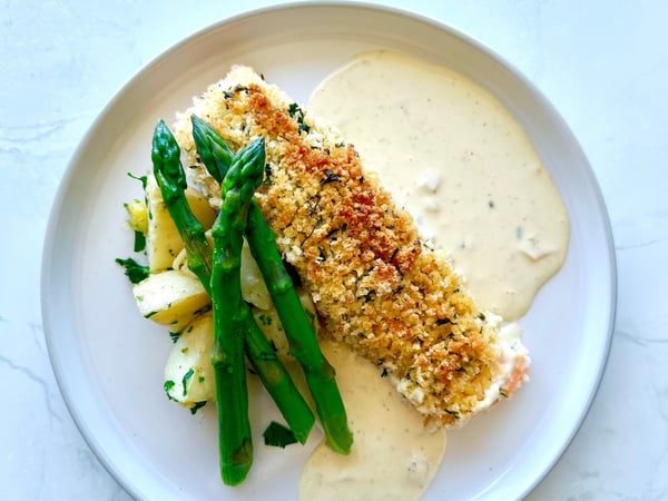 Herb Crusted Salmon Fillet, Parsley Potato, Asparagus and Lemon Cream Sauce