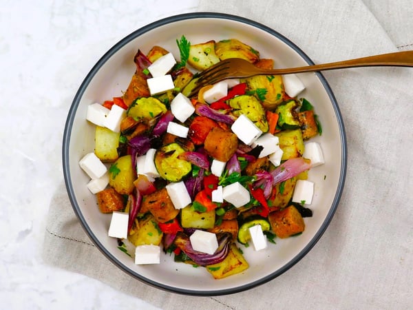 Mediterranean tray bake with Natural Pulse sundried tomato sausages