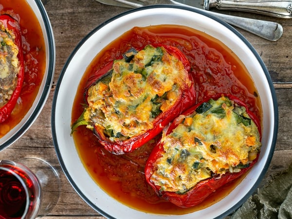 Vegetable stuffed peppers, brown rice, tomato & basil sugo, mozzarella cheese