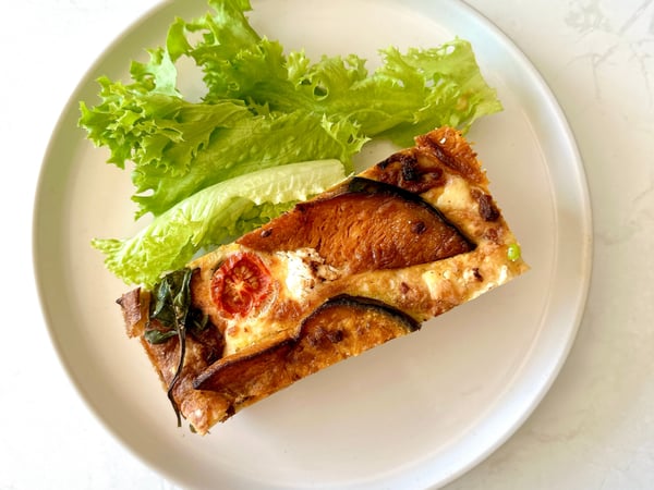 Roasted Vegetable & Goats Cheese Fritatta with garden salad and french dressing