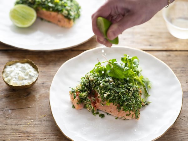 Herb & Macadamia Crusted Salmon with Freekah, Pea & Mint Salad