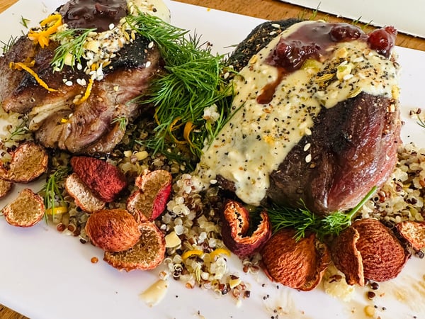 Quandong Lamb rumps with tahini and dukka