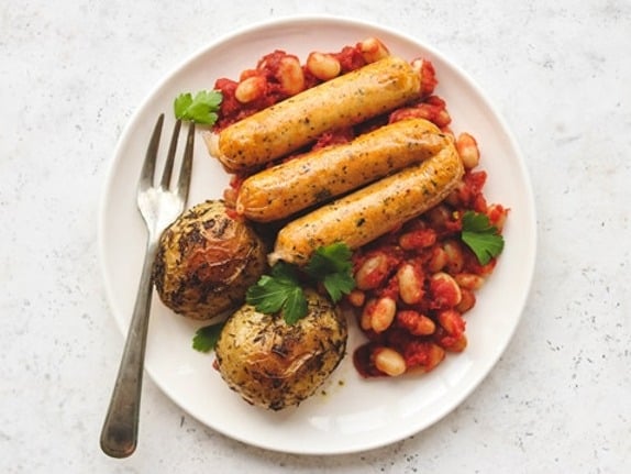 Syndian All day cheezy kale sausages, baked beans and roasted potato