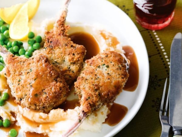 Crumbed Lamb Cutlets on a bed of Mashed Potato and greens