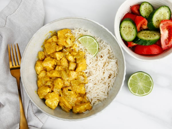 Tofu pasanda with kachumber and rice