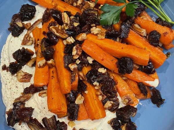 Honey Glazed Carrots with Dates and Pecans and yoghurt sauce