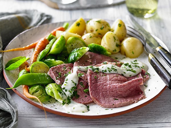 Silverside with Mustard Sauce & Steamed Market Vegetables