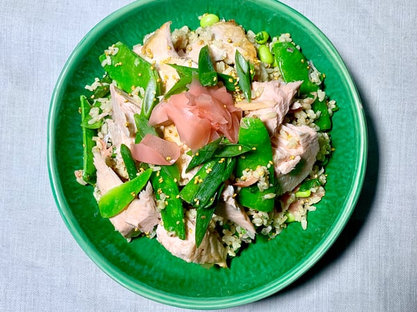 Sticky Salmon with Brown Rice Salad, Snow Peas & Honey Mustard Dressing