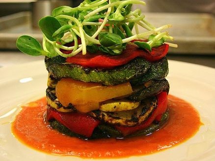 Grilled vegetable stack, tomato sugo, herb oil