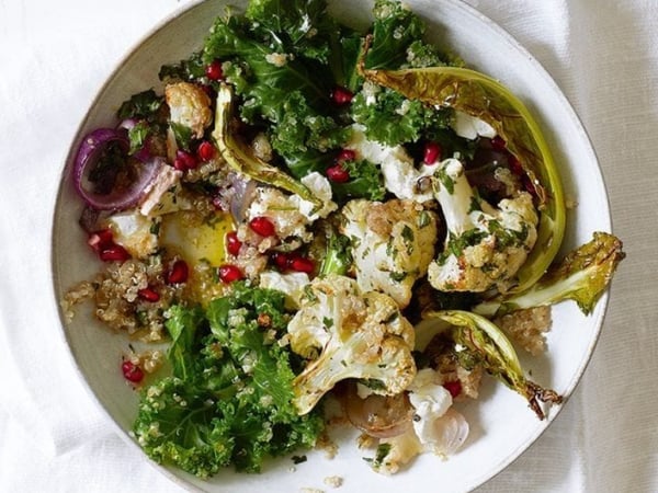 Cauliflower, Quinoa, wilted Kale and Cranberry Salad with Green Goddess Dressing