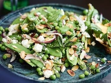 Pea, Snow Pea, Almond and Feta Salad