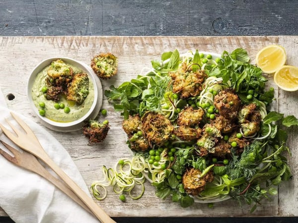 Zucchini, Halloumi & Pea Fritters with Green Goddess Dressing