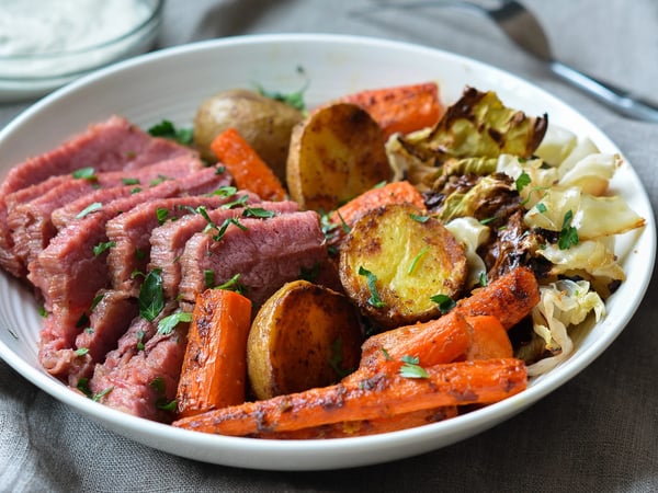 Corned Silverside w/ roasted vegetables & white onion sauce