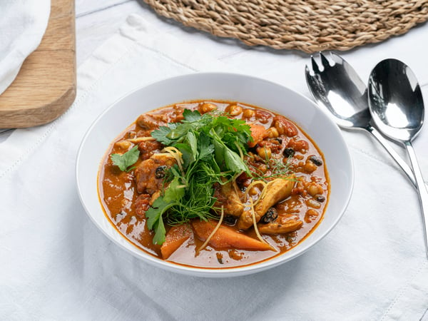 Moroccan chicken tagine, preserved lemon and chick peas