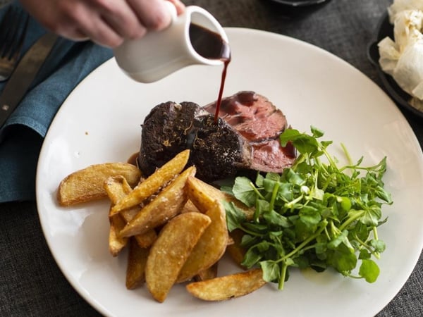 Steak with Peppercorn Sauce and Rosemary & Garlic Potatoes