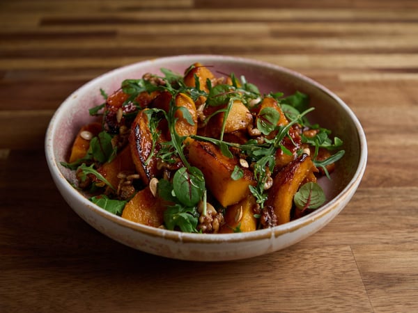 Pumpkin Roasted in Gochujang & Honey Butter, Rocket and Candied Walnut Salad