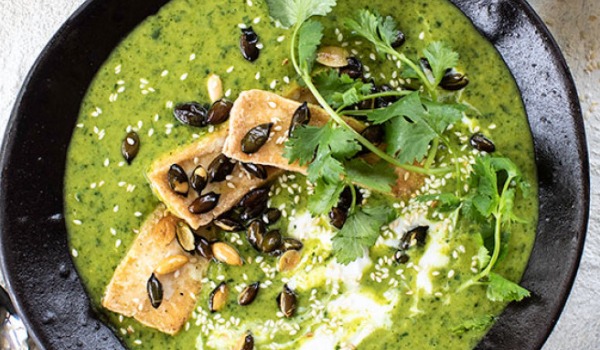 Eat Your Greens Soup with Tofu and Tamari Roasted Seeds