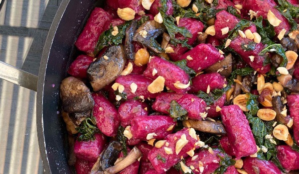 Beetroot Gnocchi with Garlic Greens, Mushrooms & Hazelnuts