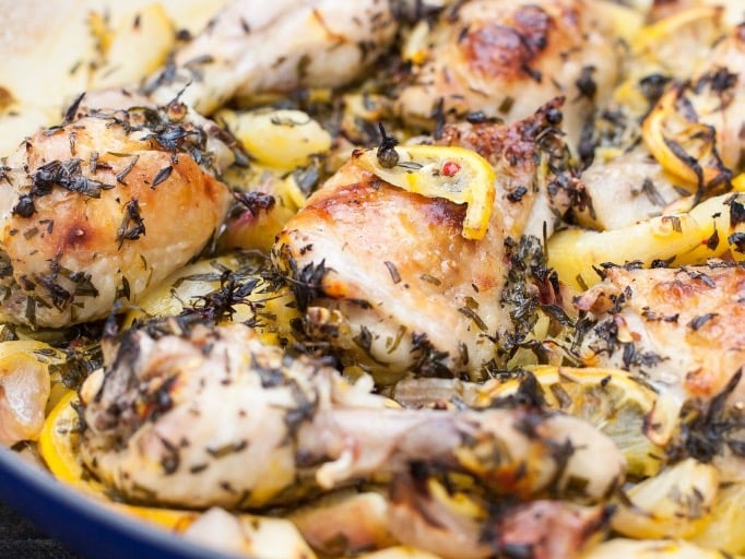 Roasted chicken with Jerusalem artichoke and lemon