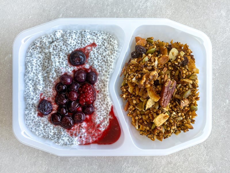 Chia Pudding, stewed berries, GF Muesli