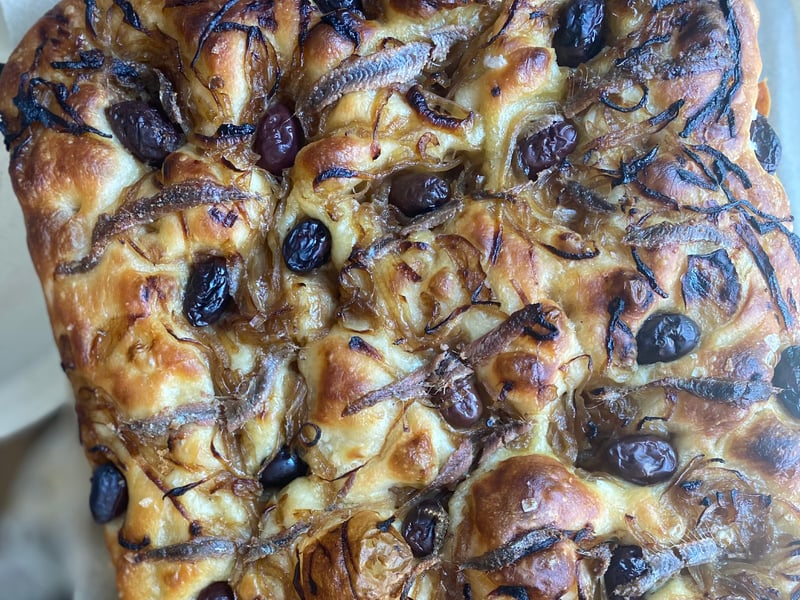 House Focaccia w anchovy caramelised onion & olive