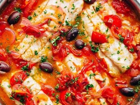 Mediterranean Barramundi with capers, olives, tomato and peppers