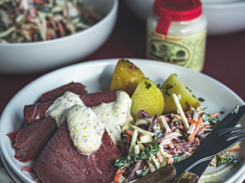 Half Serve Corned Beef with Roasted Vegetables &  White Sauce