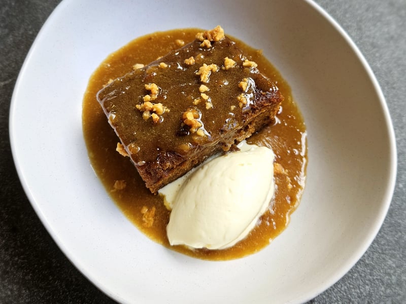 STICKY DATE & BANANA PUDDING, MACADAMIA BUTTERSCOTCH SAUCE