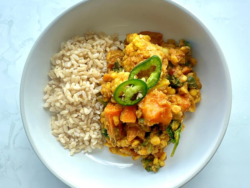 Roasted Vegetable Dahl with Brown Rice