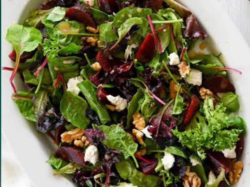Beetroot, Pickled apple, walnut and spinach salad with feta