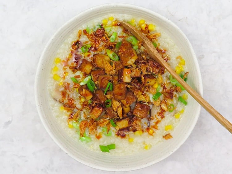 Sweet corn congee with sesame, soy and ginger tofu