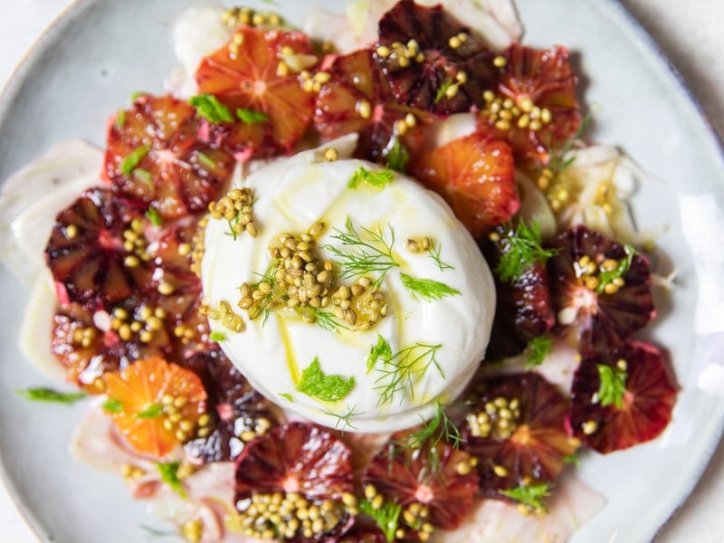 Rainbow trout,Blood orange and fennel salad with Labna and honey