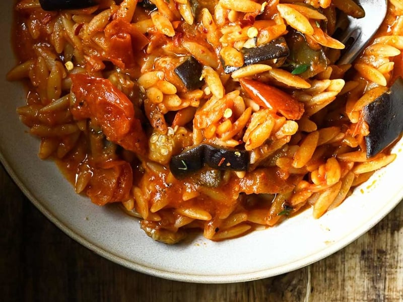 Eggplant, Tomato & Orzo w Sourdough Breadcrumb