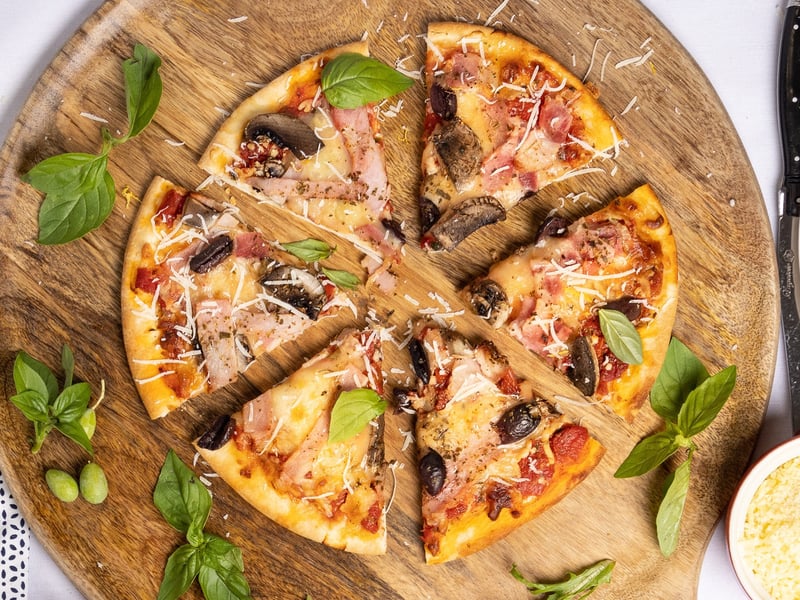 Bacon, Mushroom and Olive Pizza