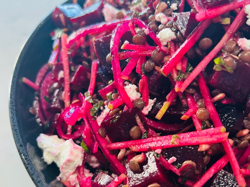 beetroot, apple, onion and feta salad with sunflower seeds