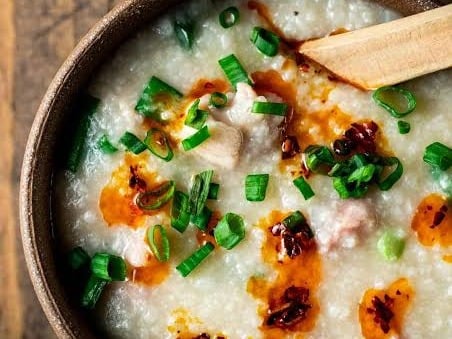 Chinese chicken congee with shitake mushrooms