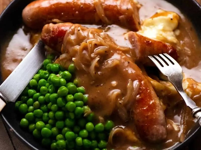 Sausages with Onion Gravy and Mushy Pea Mash