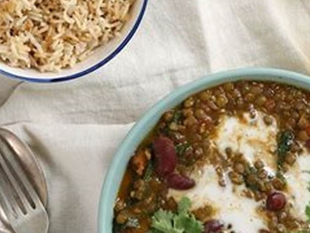 Lentil Dahl with Lemon Spiced Rice, Green Beans & Tomato Chutney