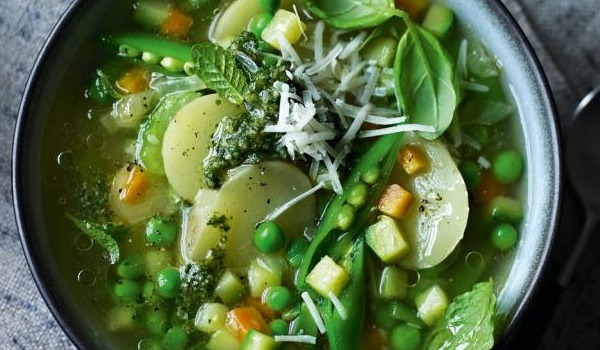 Spring Minestrone with Mint, Basil and Pumpkin Seed Pesto