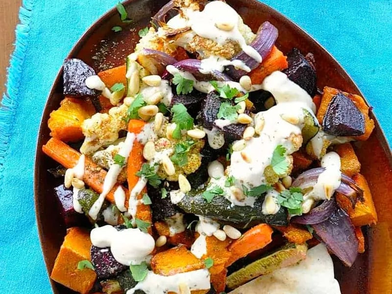 Persian Chick Pea Salad with…Beetroot, roast cauliflower, parsnip, sweet potato