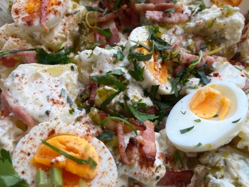 Old school potato salad with a twist. free range eggs , crispy speck , mayo.