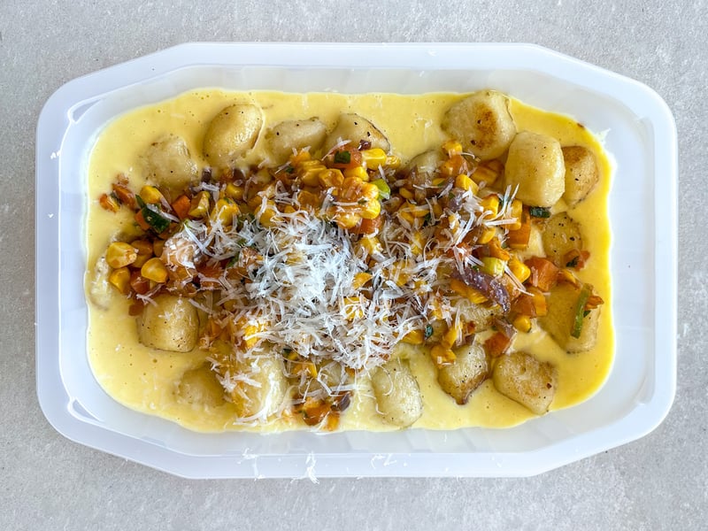 Pan-fried Gnocchi with summer corn sauce and pecorino