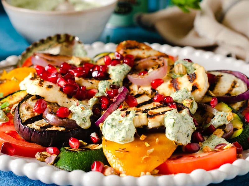 Roast summer vegetable salad with halloumi and pomegranate