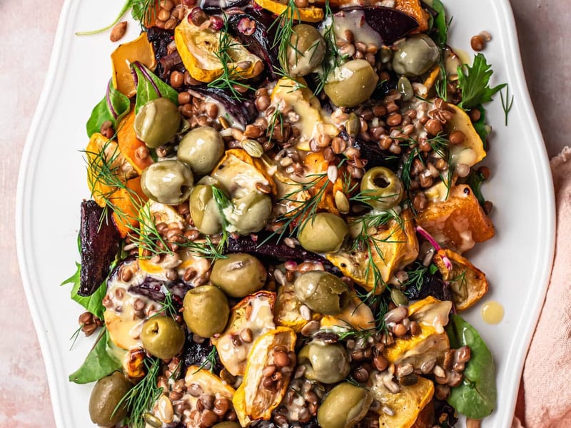 Roasted Vegetable & Lentil Salad w/ Tahini lemon dressing