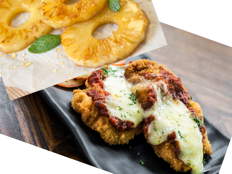 Hawaiian chicken parmi with potato