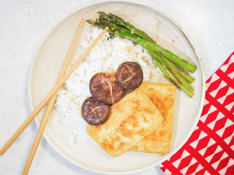 Japanese tofu steaks with sauteed asparagus and shiitake mushrooms