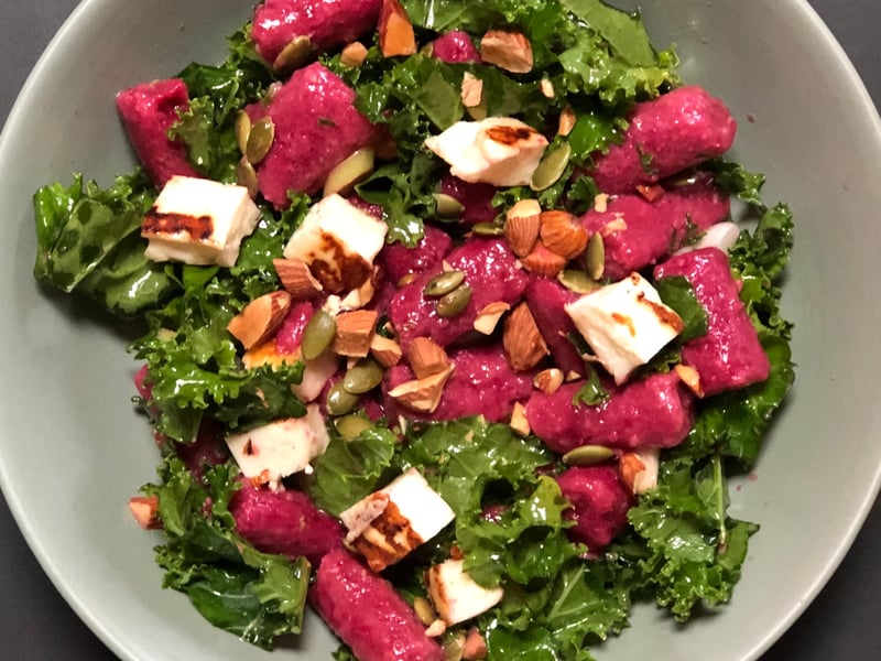 Beetroot Gnocchi Salad with Kale, Avocado, Haloumi & Roasted Almonds