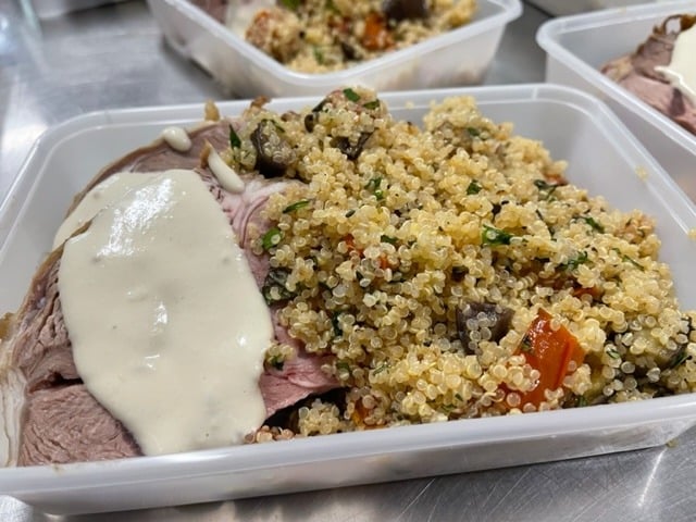 Roast Lamb w/Eggplant, Tomatoes, Lemon & Herb Quinoa & Tahini Drizzle