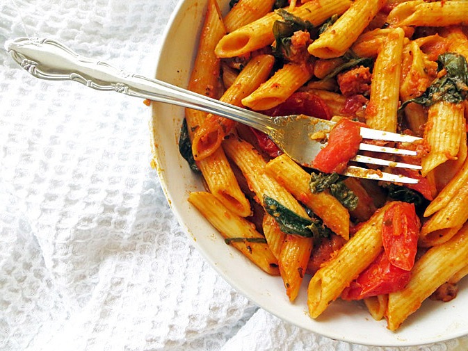 Creamy Chorizo Penne w/ Pesto & Semidried Tomatoes